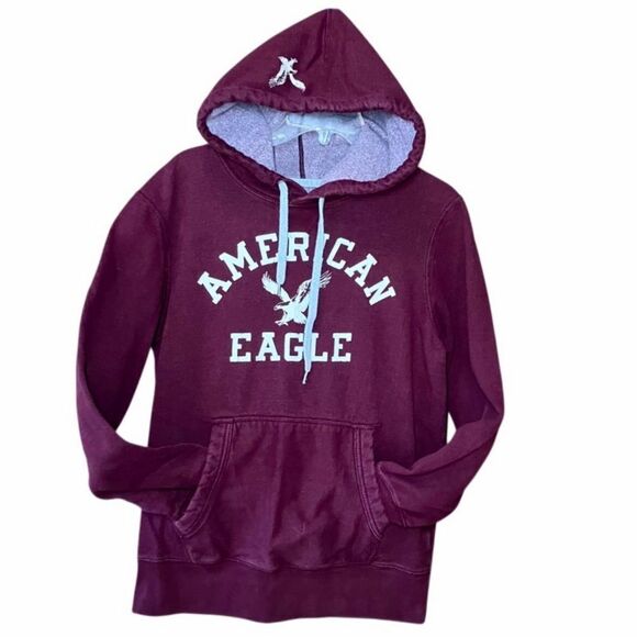 American Eagle Classic Fit Sweatshirt Hoodie in Burgundy/Cream Men’s M - Picture 1 of 8